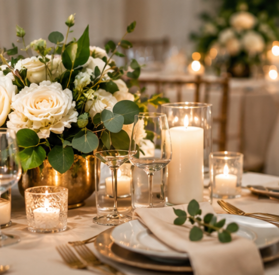 Table setting with linens and centerpieces