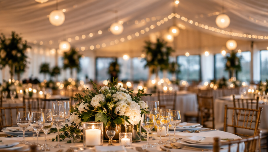 Table setting with linens and centerpieces